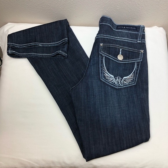 Rock & Republic Kasandra Embroidered Midrise Dark Blue  Wash Bootcut Jeans 4M - Picture 8 of 16